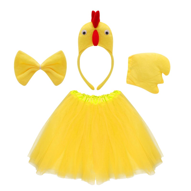 Fumwase 4 Pieces Chicken Animal Costume Chick Headband Bowtie Tail Tutus Set for Halloween Dress Up Cosplay Party (Yellow) - Image 1